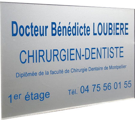 Plaque professionnelle argent gravure bleue